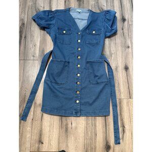 Maurices Womens Soft V Neck Denim Button-Down Dress XL Pockets & Puff Sleeves